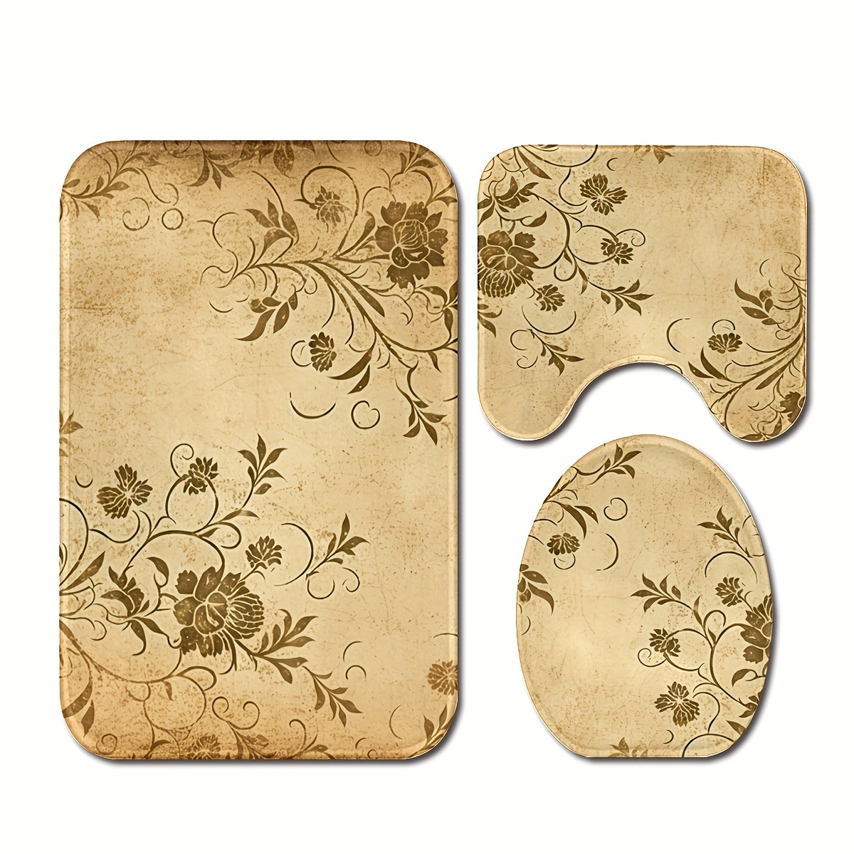 

3pcs/set Vintage Flower And Plants Printed Floor Mat, Three-piece Bathroom Mat Set, Non-slip Mat, Water-absorbent Mat, Toilet Lid Mat, Toilet U-shaped Mat, Floor Rugs