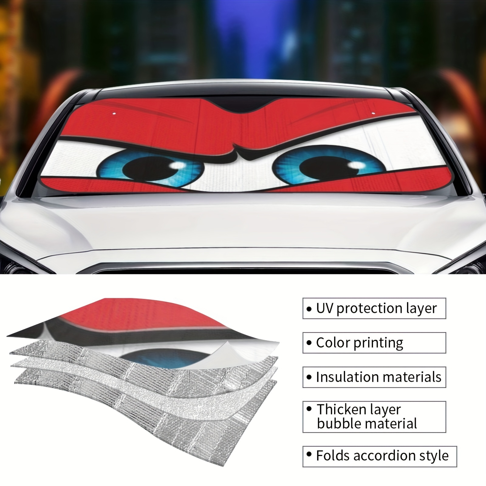 1 Stück Auto-Windschutzscheiben-Sonnenschutz, Roter Wütender  Cartoon-Augen-Aluminiumfilm, Faltbarer Sonnenblenden-Sonnenschutz,  Autozubehör, 69,85 X