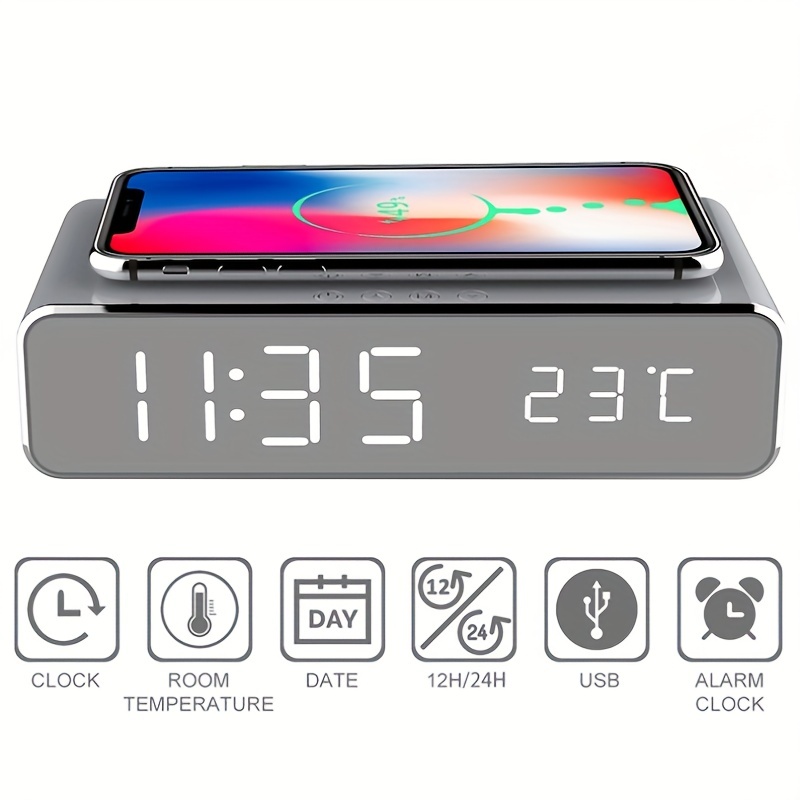 Wireless Charger Alarm Clock Time Led Digital Thermometer - Temu