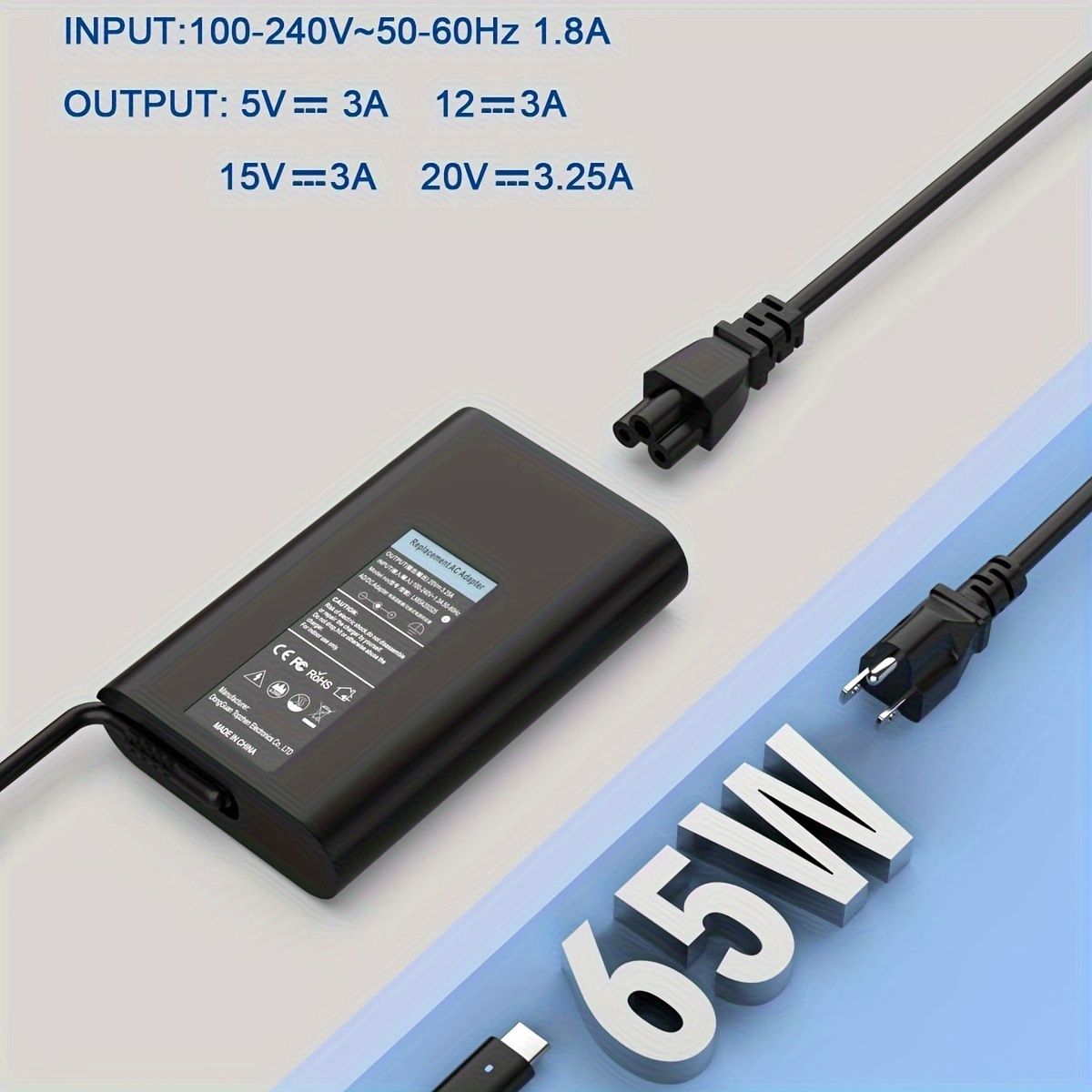 Adaptateur chargeur secteur HP, USB-C, de 5V à 20V, 65W, taille