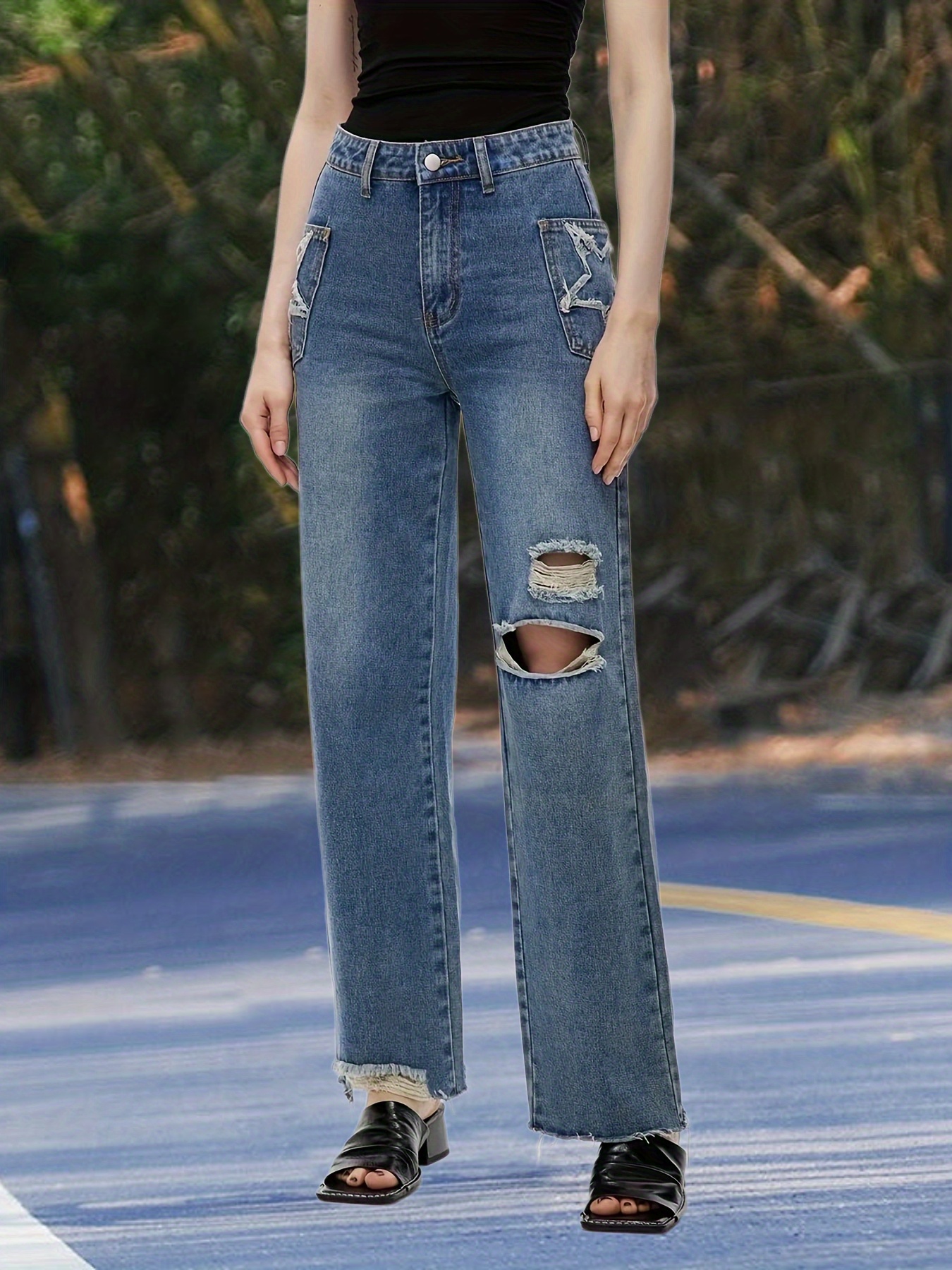 FRAYED HEM STRAIGHT LEG SIDE ZIPPER JEAN