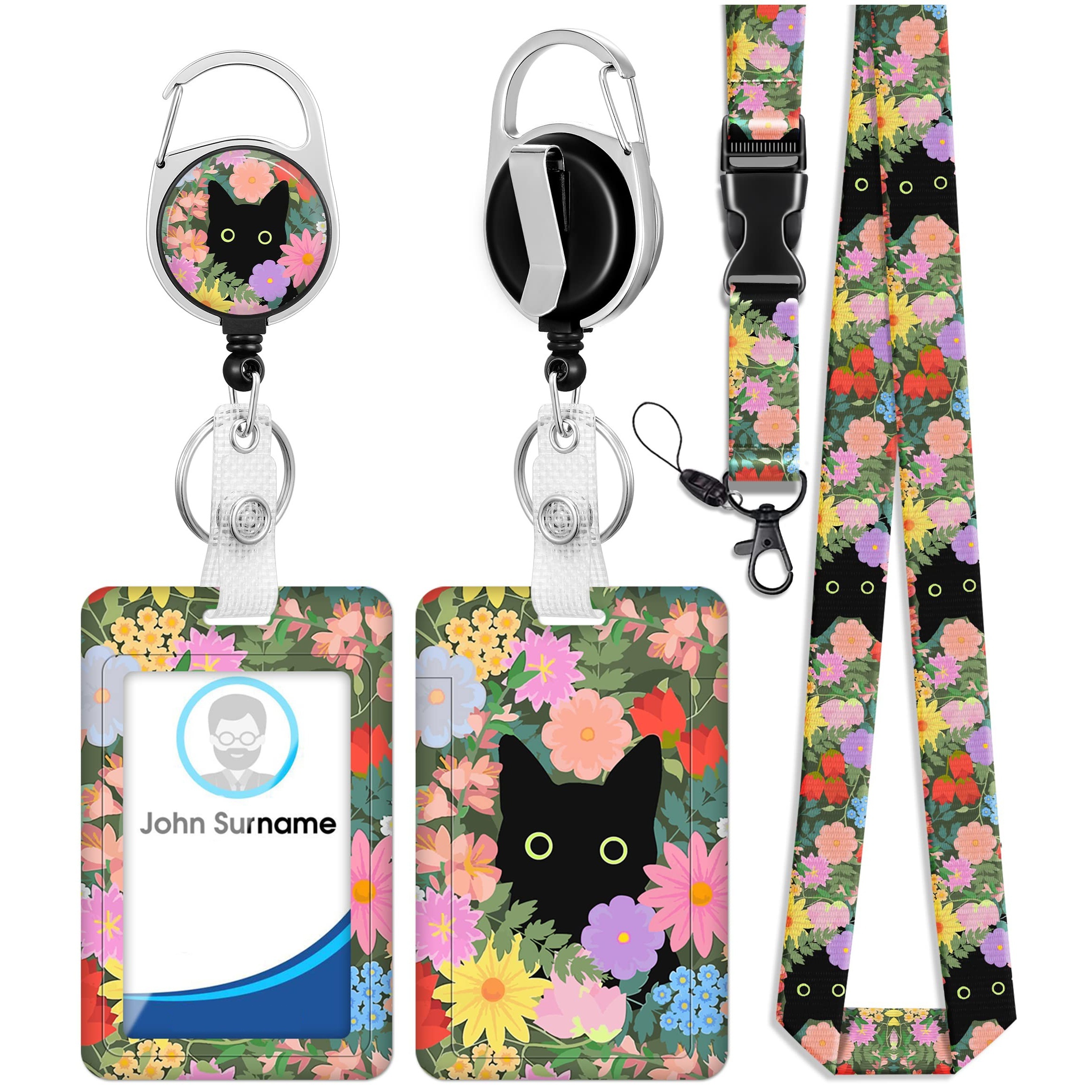 Id Badge Holder Retractable Reel Clip Cute Black Cat Flowers - Temu