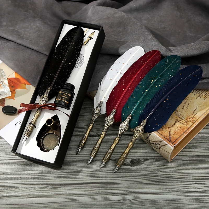 Vintage Calligraphy Set: Quill Fountain Pen Ink Kit Feather - Temu