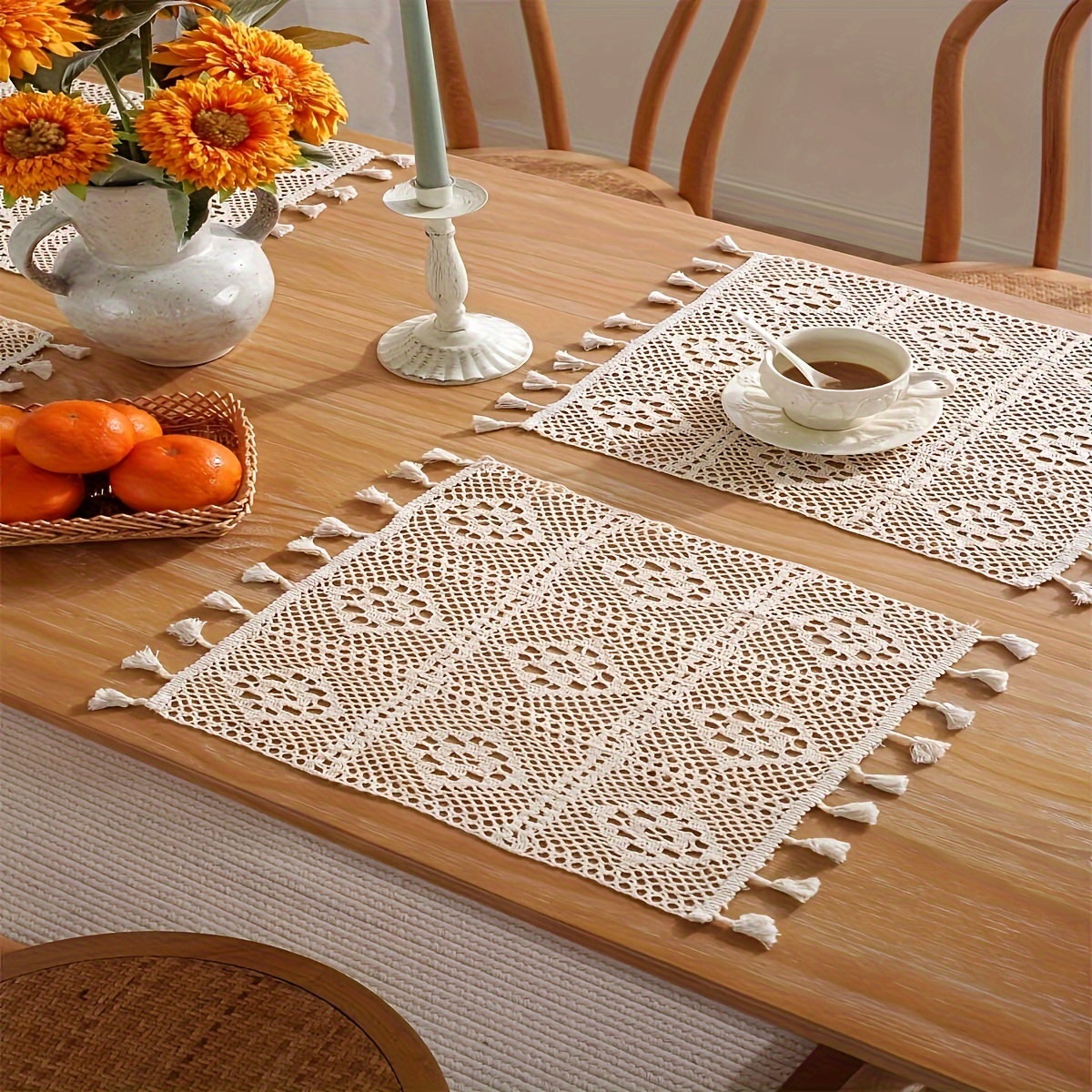

Bohemian Chic Handmade Cotton Placemat With Tassels - Square Crochet Lace Table Mat For Dining, Kitchen & Wedding Decor - Rustic Natural Beige, Polyester, Woven Design