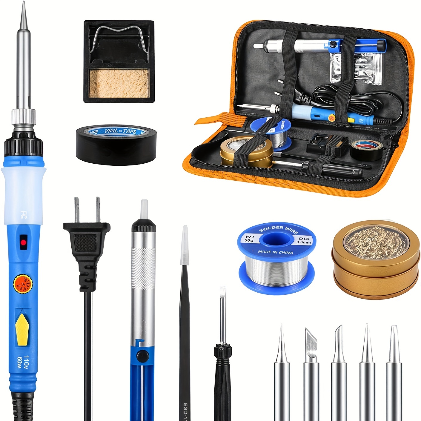 60W Portable Soldering Iron Kit with Ceramic Heater, 5 Tips, Stand, Solder  - For Metal, Jewelry, Electric Repair