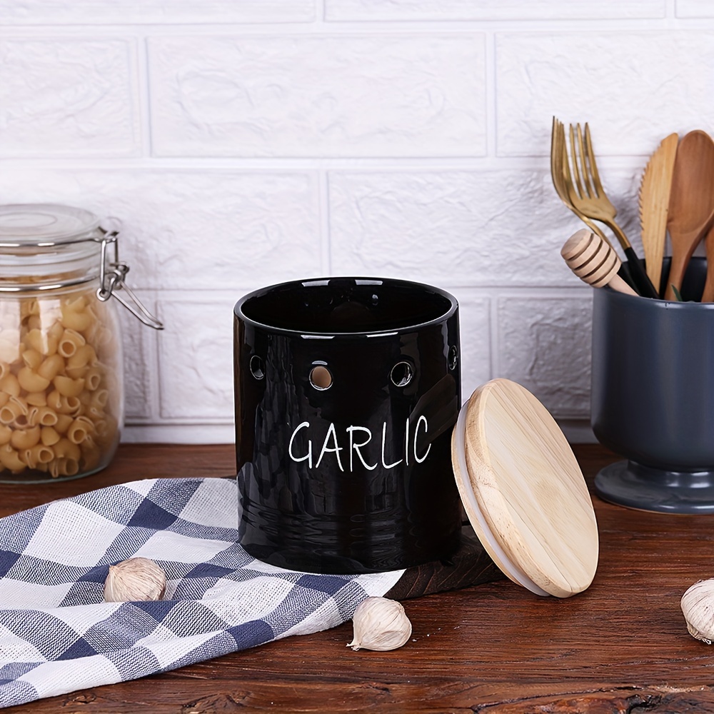 Garlic Keeper With Wood Lid, Small Ceramic Garlic Keeper Storage