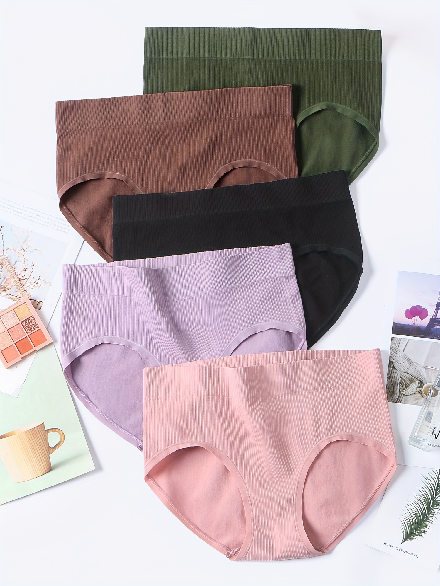 5 Pack Women's Simple Panties Set, Plus Size Seamless Solid * Waist High  Stretch Comfort Panties 5pcs Set