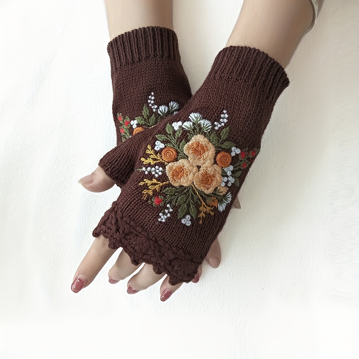 Vintage Flower Butterfly Crochet Gloves Contrast Color Knit - Temu