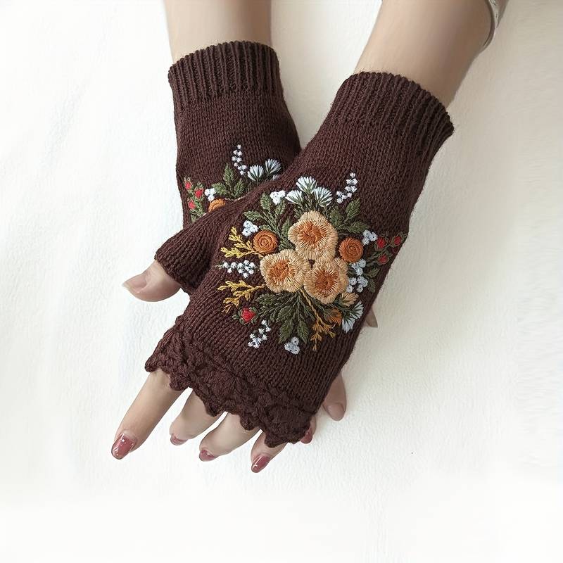 Handmade Flower Embroidered Gloves Women's Fingerless Knit Gloves ...