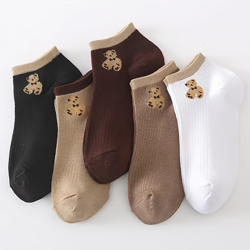 5 Pairs Women's Spring Summer Solid Color Bear Short Socks Japanese Academy Trendy Versatile Low-cut Boat Socks