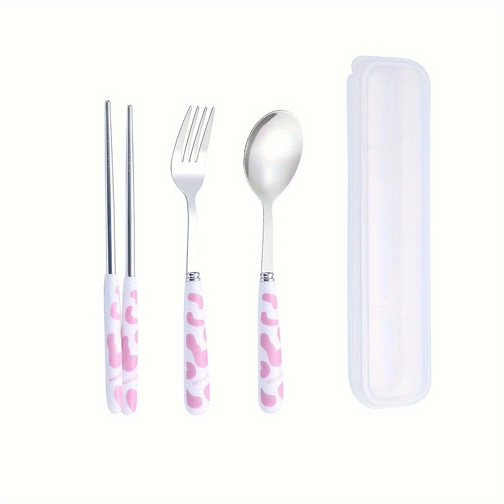 3pcs/set, Tableware Set, Stainless Steel Flatware Sets, Cow Plastic Handle  Fork, Cute Spoon, Portable Fruit Fork, Mental Chopsticks With Storage Box