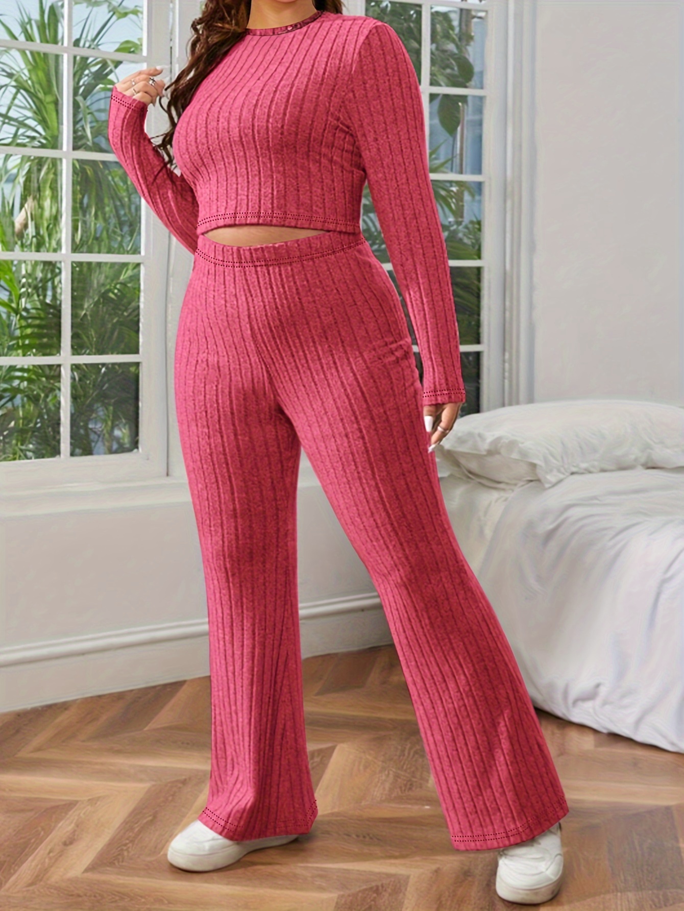 Plus Size Casual Lounge Set Women's Plus Solid Ribbed Knit - Temu