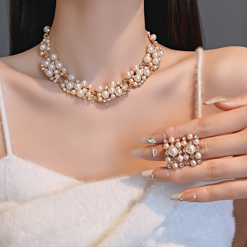 TEMU Luxurious Short Faux Pearl And Rhinestone Alloy Collarbone Chain Necklace And Earring Set Vintage Jewelry Accessories For Banquet And Party Wearing