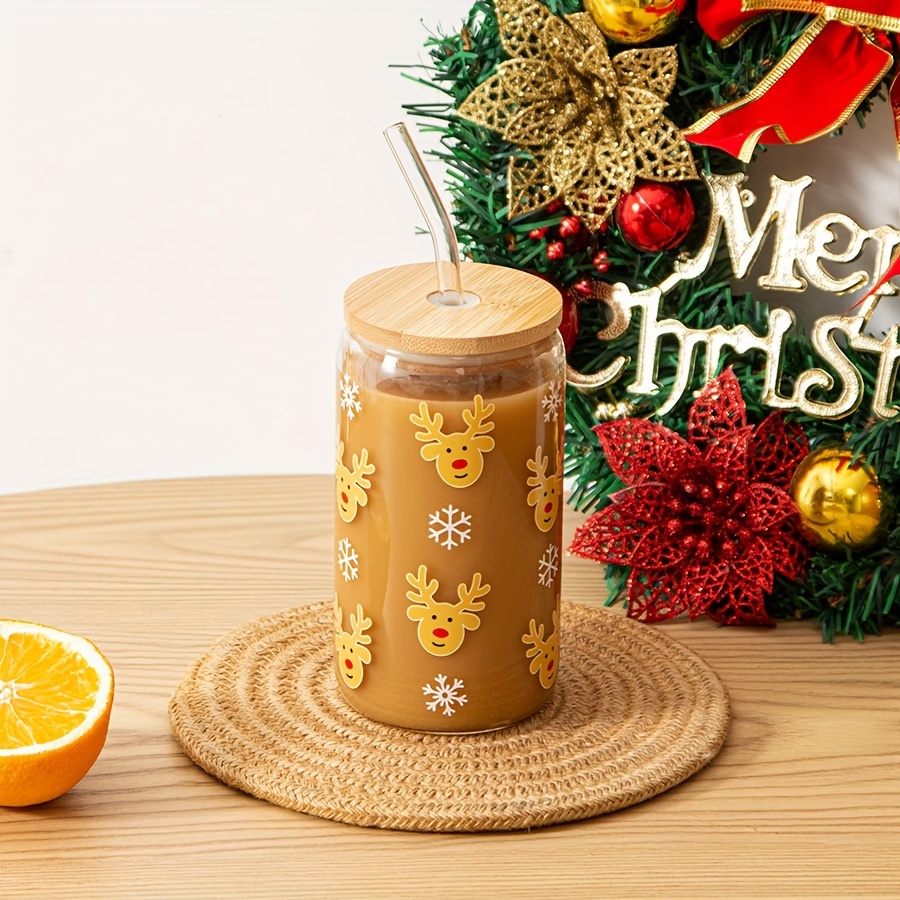 Dandat 6 Pcs Christmas Glass Cups Bulk 16 OZ Elk Ice Coffee Cup with Bamboo  Lids and Glass Straw Beer Can Shaped Cups Christmas Party Gift Tumbler