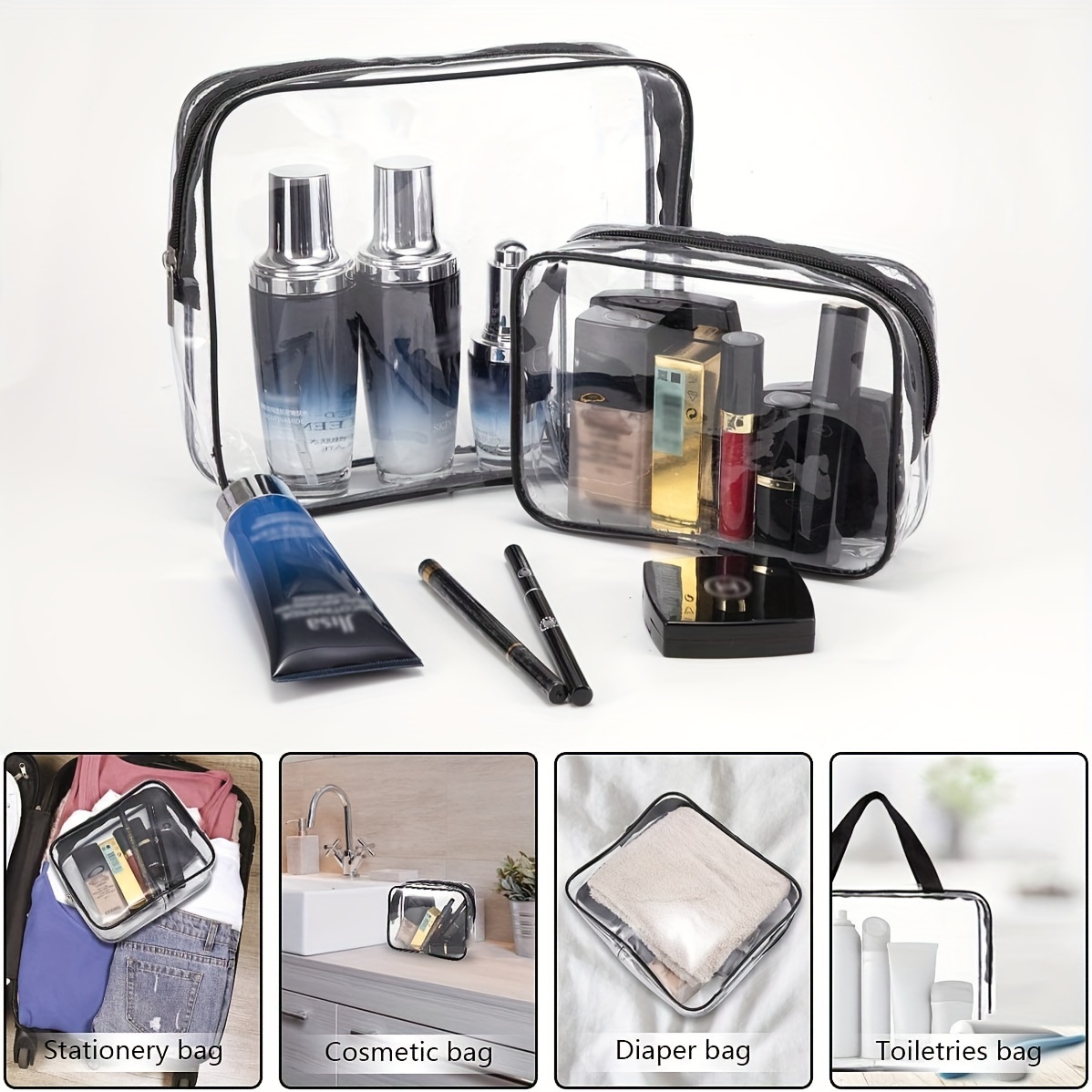 3Pcs Crystal Clear PVC Travel Toiletry Bag Kit for Women Men, Waterproof  Vinyl Organizer Clear Makeup Bags with Zipper Handle Straps, Cosmetic Bag