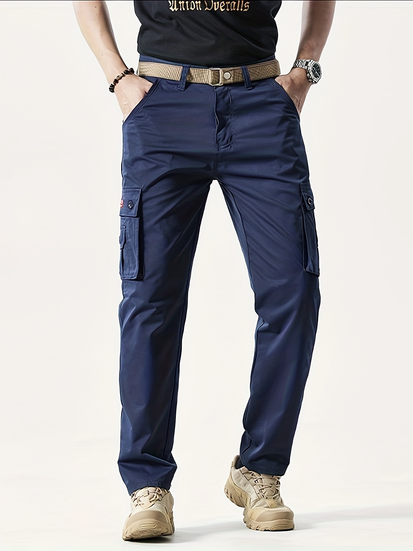 Trendy Solid Cargo Pants Men's Multi Flap Pocket Trousers - Temu