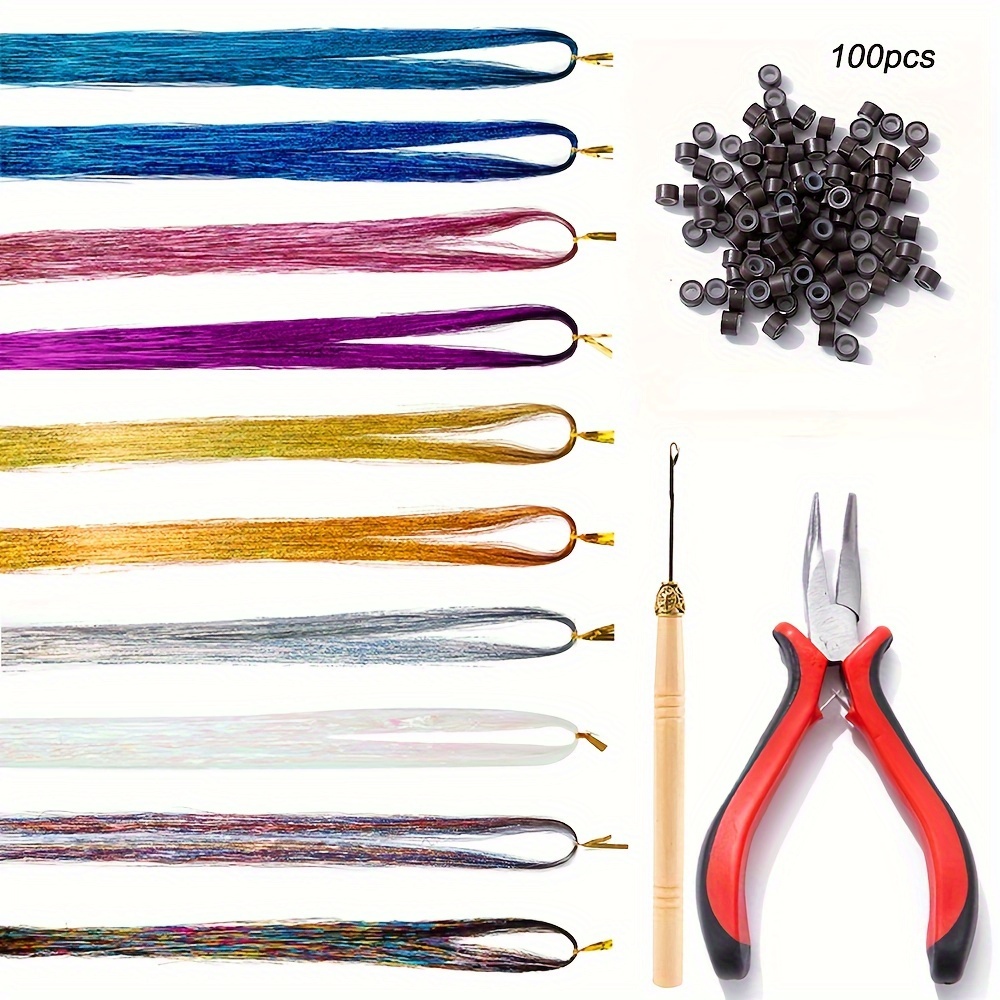 12 Colors Hair Tinsel Kit 36 Inches 2400 Strands Tinsel Hair Extensions, Human Hair Extensions + 2pcs Crochet Needles and Wire Loop +100pcs