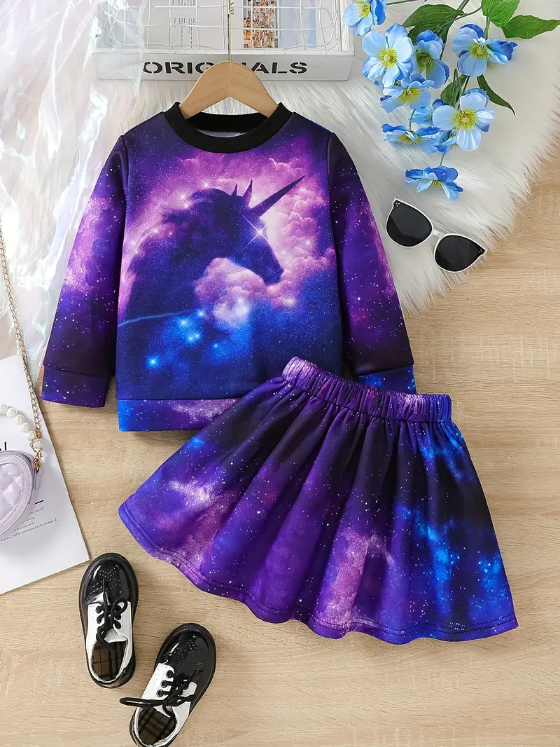 Comfy Girls Starry Night Design Outfits Pullover + Pleated - Temu