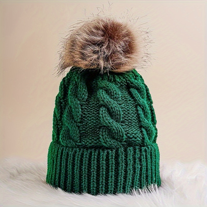 Emerald Green Pom Pom Beanie Hat For Winter