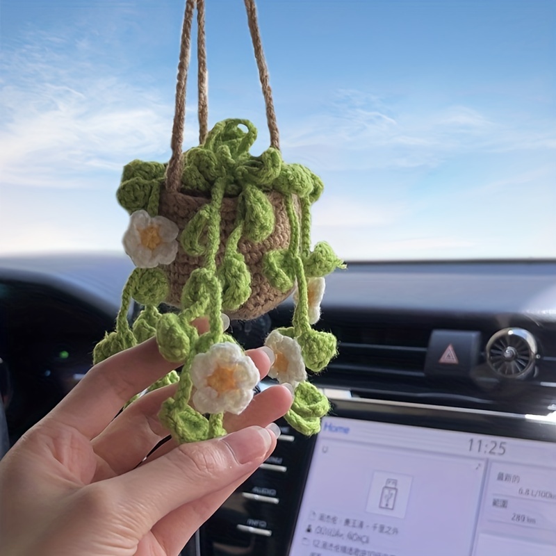 Hand-woven Flower Basket Pendant Imitation Plant Car Pendant Pure Hand-crocheted Wool Rearview Mirror Pendant Ornament Gift Car Interior Accessories