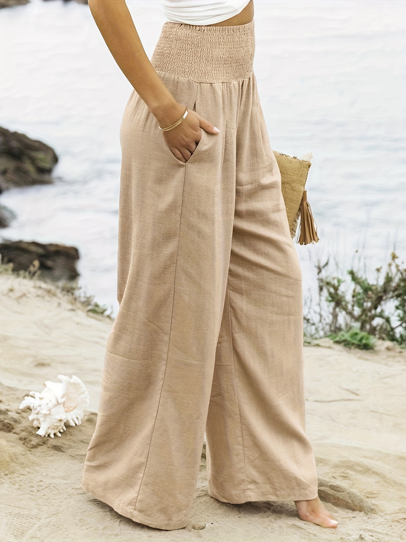 Minimalist Smocked Waist Wide Leg Pants Casual Loose Slant - Temu Australia