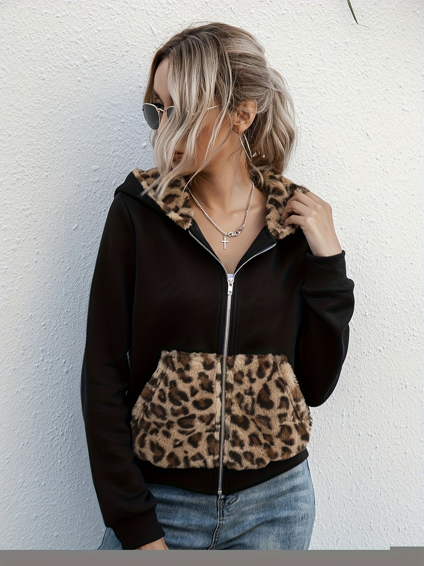 Leopard & Floral Print Kangaroo Pocket Hoodie, Casual Long Sleeve Hoodies  Sweatshirt, Women's Clothing
