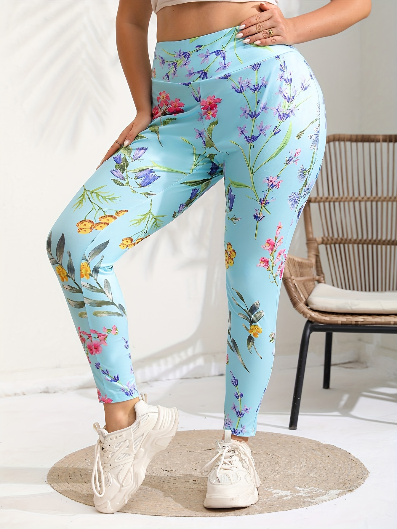 Plus Size Casual Leggings Women's Plus Floral Print Wideband - Temu