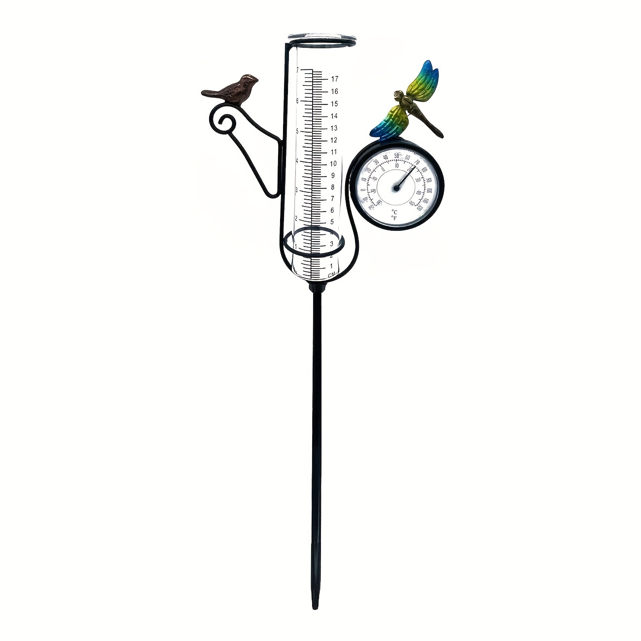 

1pc Bird & Dragonfly Art Rain Gauge Outdoor, With Thermometer 27 Inches Rain Gauge, Metal Frame Accurate Rain Gages Outdoors Large Numbers, Suitable For Garden, Courtyard, Lawn Decoration
