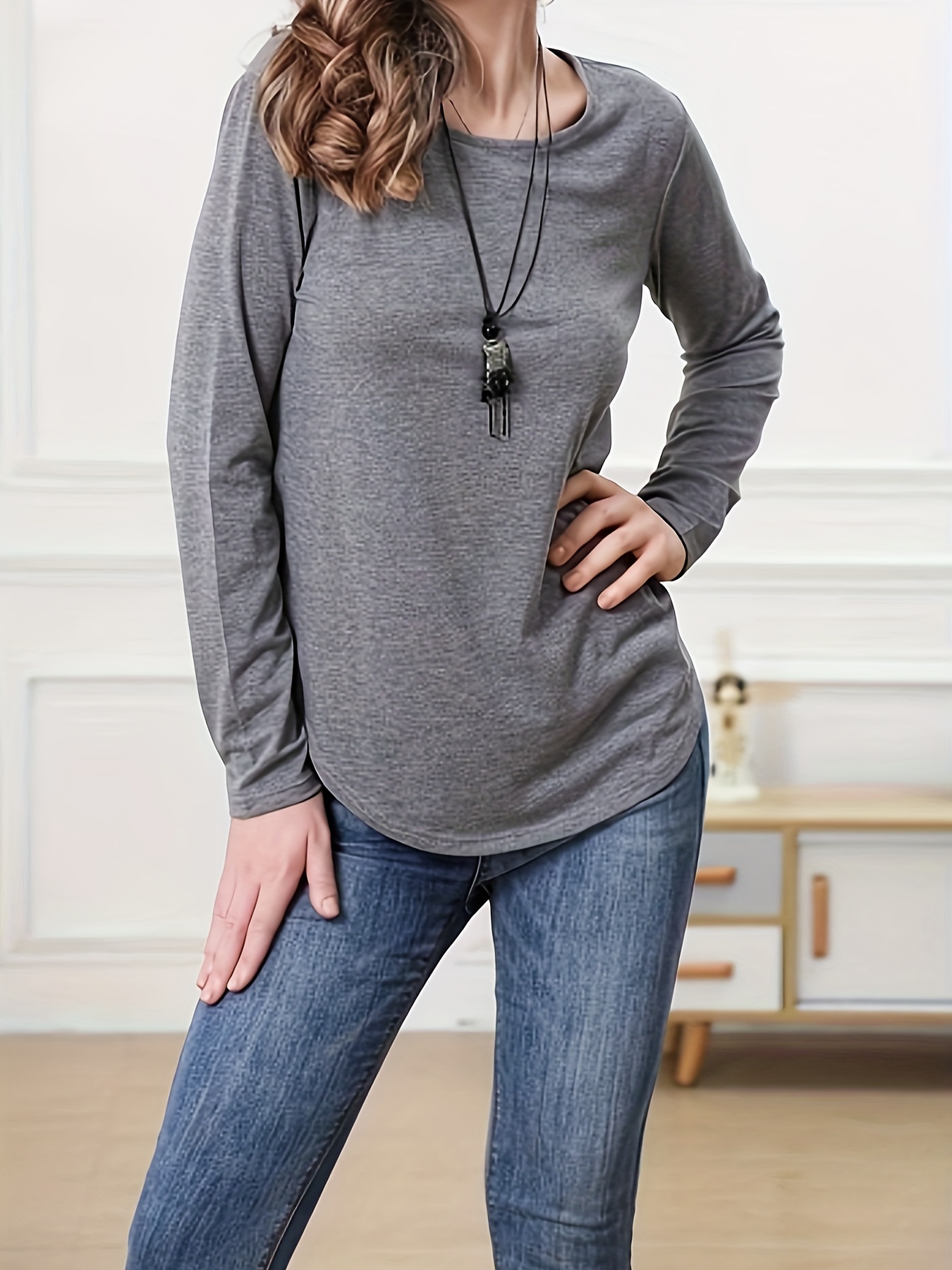 Curved Hem Long Sleeve Charcoal