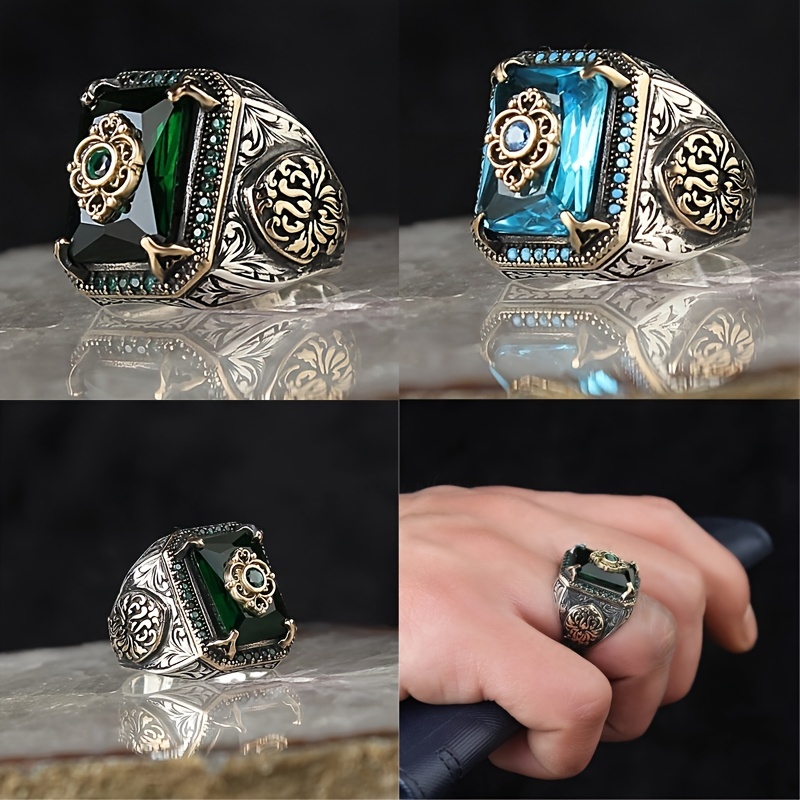 Men's Retro Carved Ring with Inlaid Zircon, Party Wear