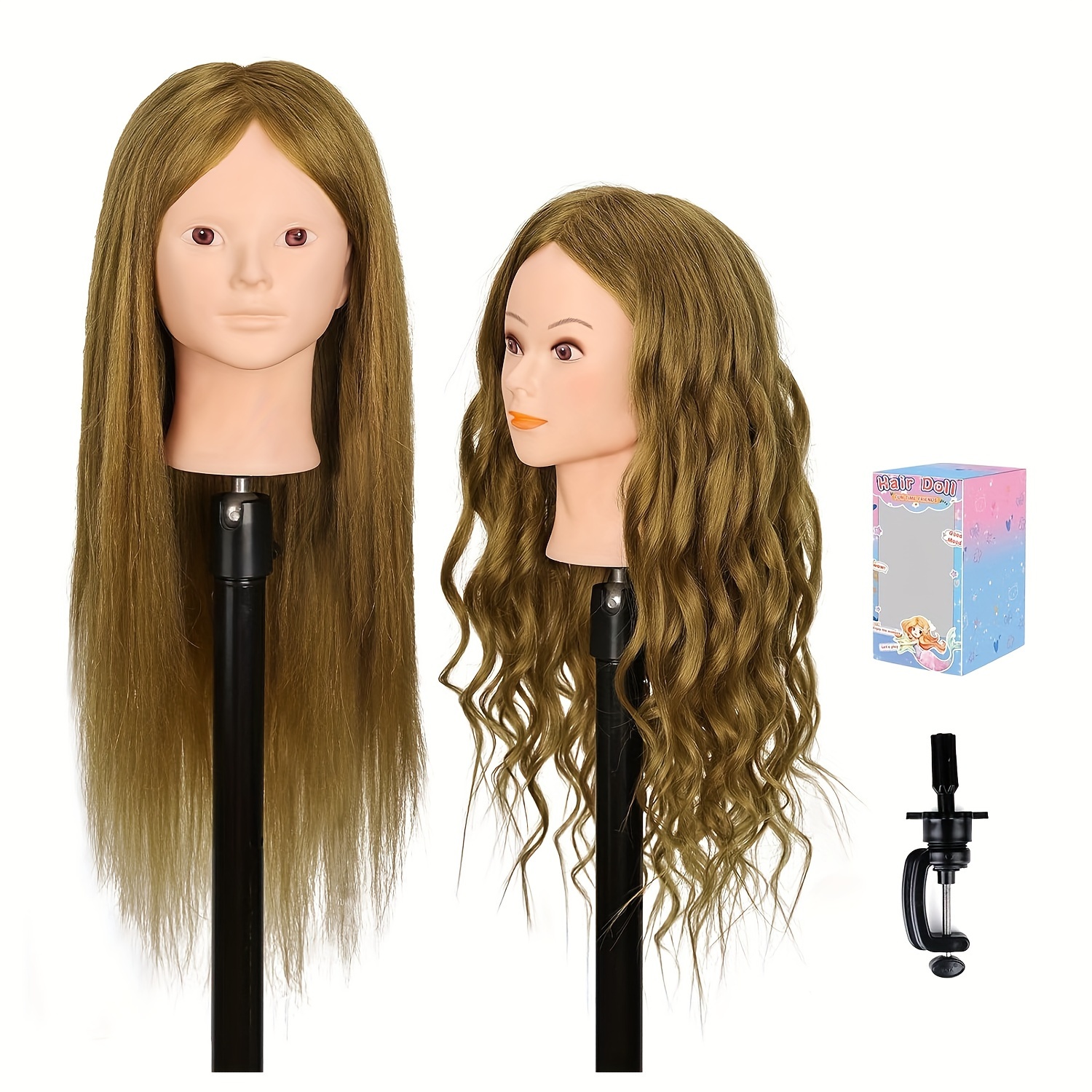  FRCOLOR Practice Training Head, 26 Inches 50% Real Human Hair  Hairdressing Training Head Manikin Doll Head with Clamp Stand Practice  Mannequin & Hair Styling Braid Set Hair Styling Tool 