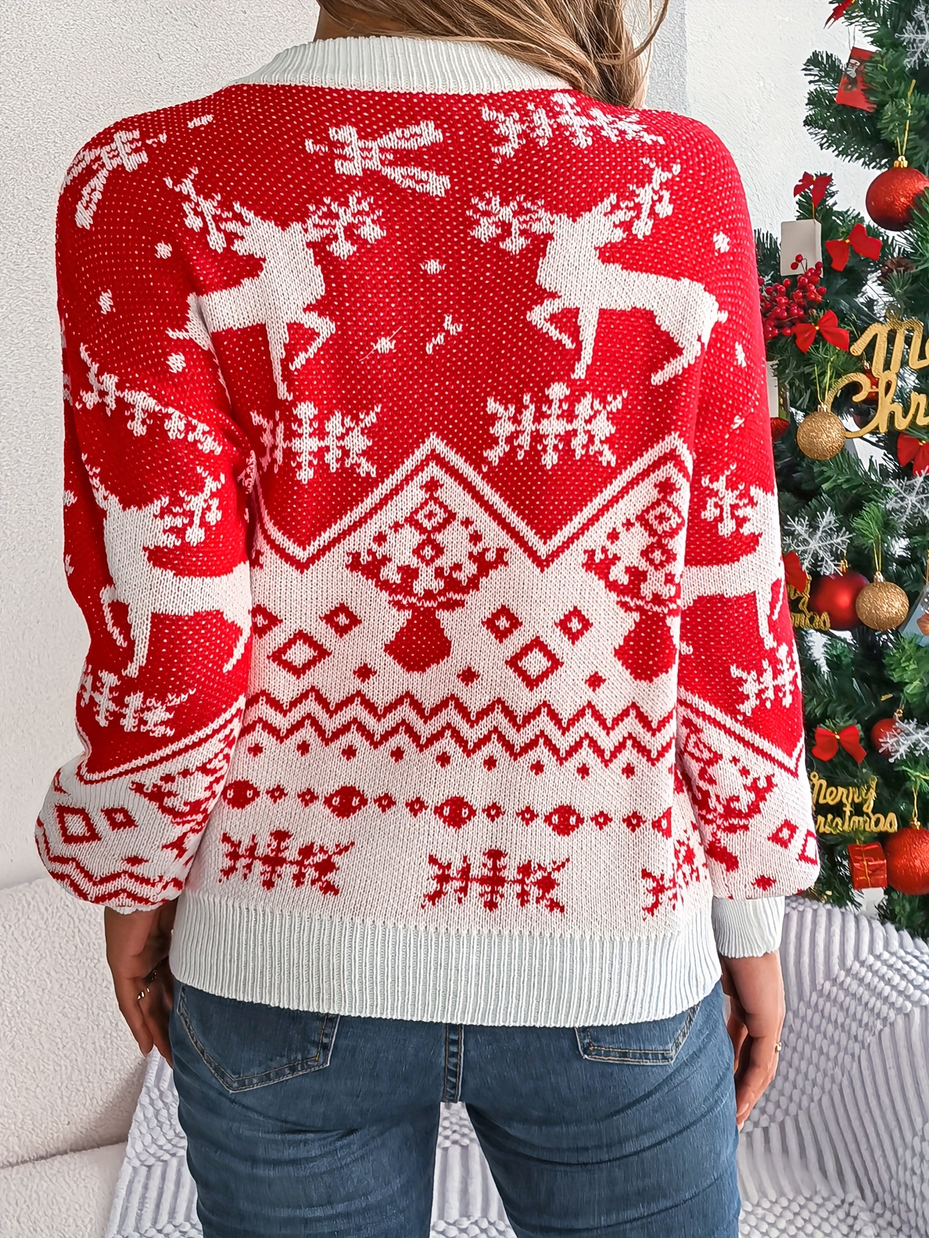 Mens Christmas Sweaters Elk Snowflake Graphic Casual Pullover