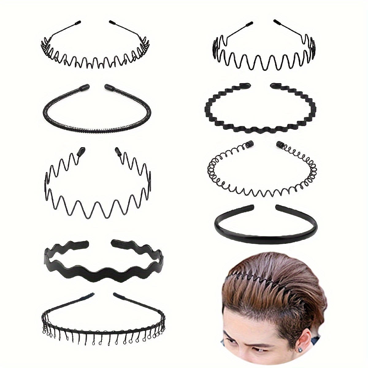 8Pcs Metal Hair Band for Men Women Headband Thin Black Wavy Hair