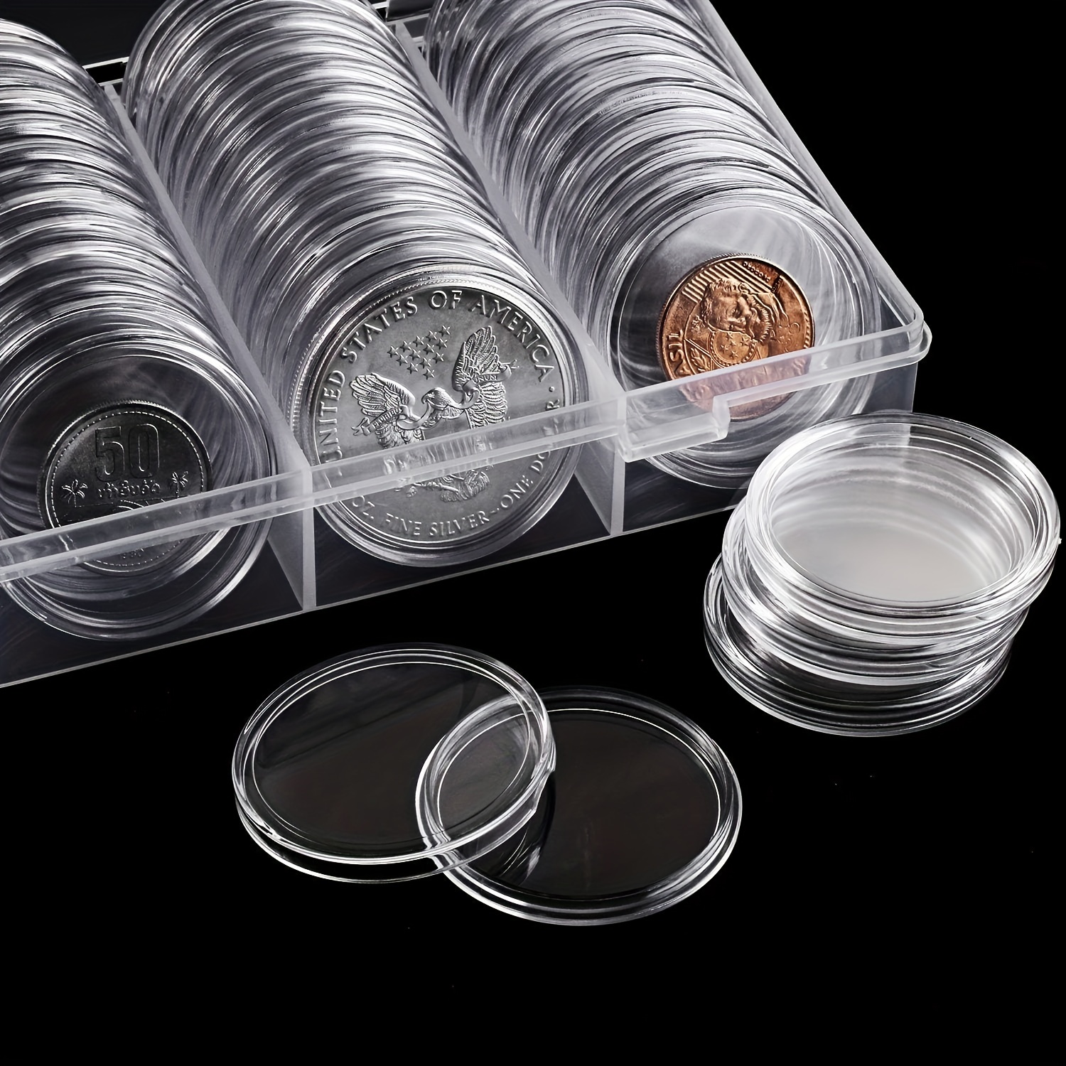 Hicarer 25 mm Coin Holder Capsules Clear Round Plastic Coin Container Case for Coin Collection Supplies (100)