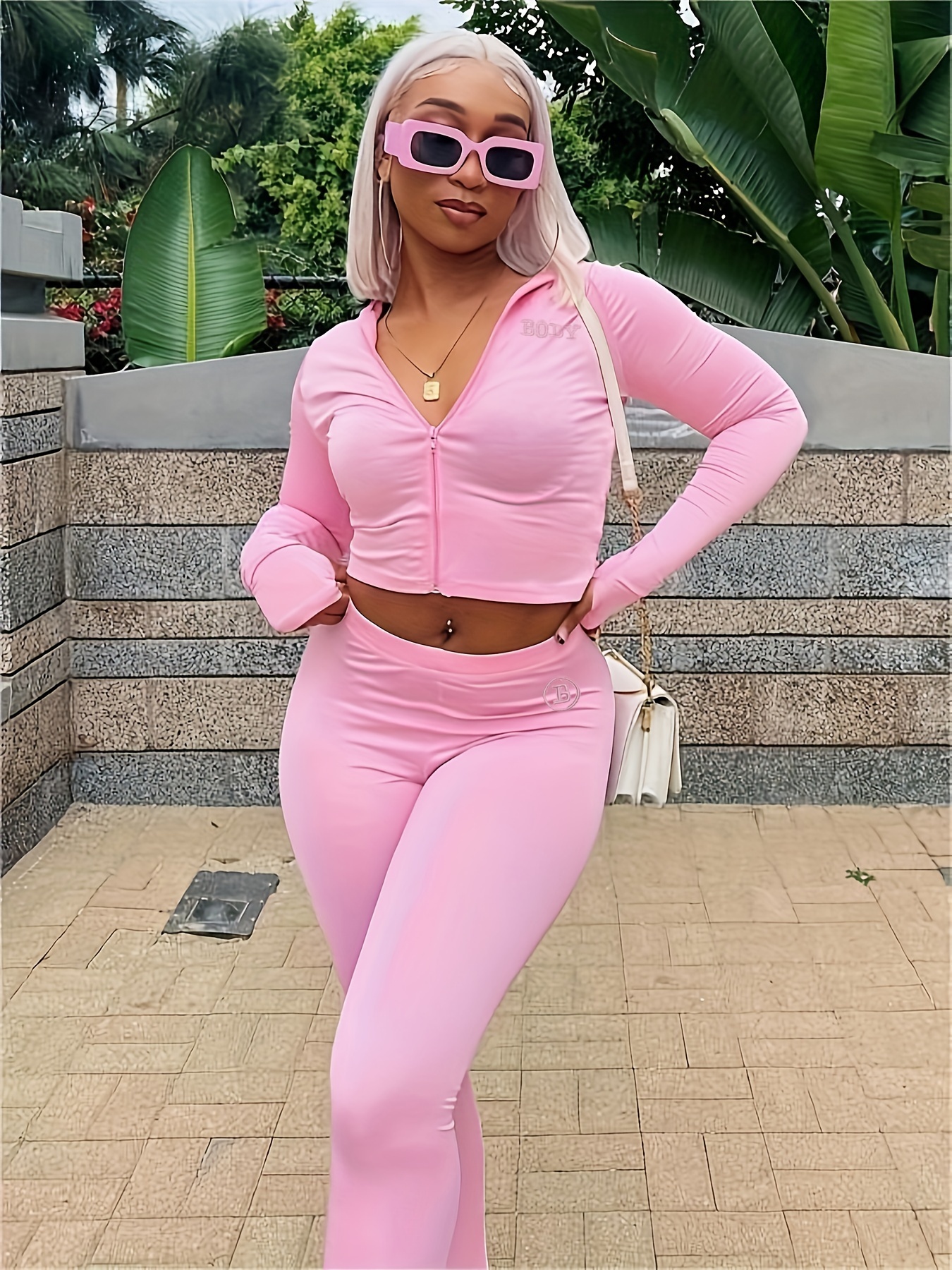 Women Solid Pink Tracksuit Casual Outfit Pants Long Sleeve