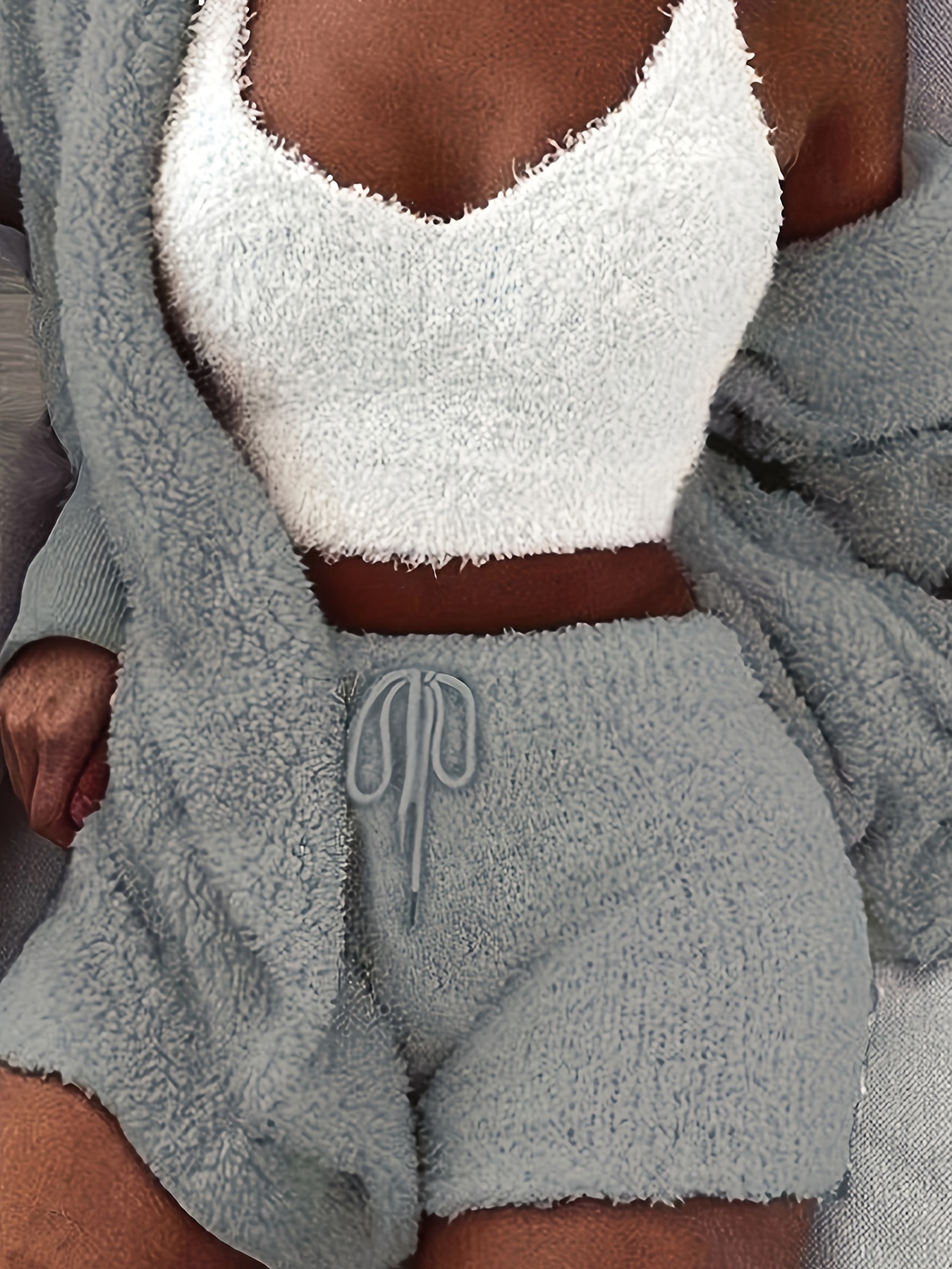 Warm Fuzzy Pajama Set Long Sleeve Hooded Robe Tank Top - Temu Canada
