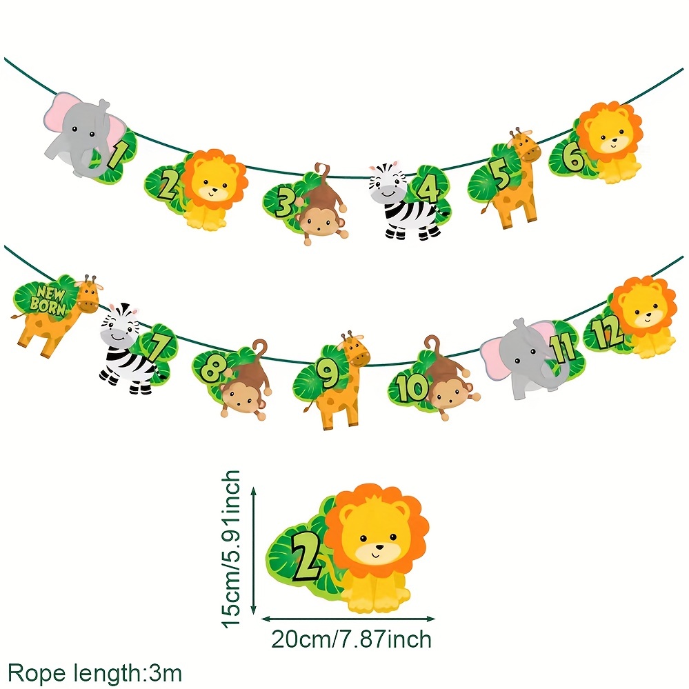 Image of 1-12 Month Photo Banner Animal Banner 1st Birthday Bunting Party Supplies Wild 1 Party Decor