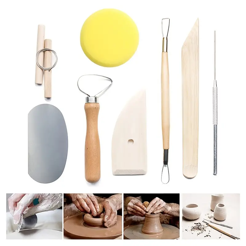 8 Pieces Wooden Pottery Sculpting Clay Cleaning Tool Set, Includes Clay Cutting, Modeling, Trimming Tools, for Beginner Level Pottery and Smoothing, C