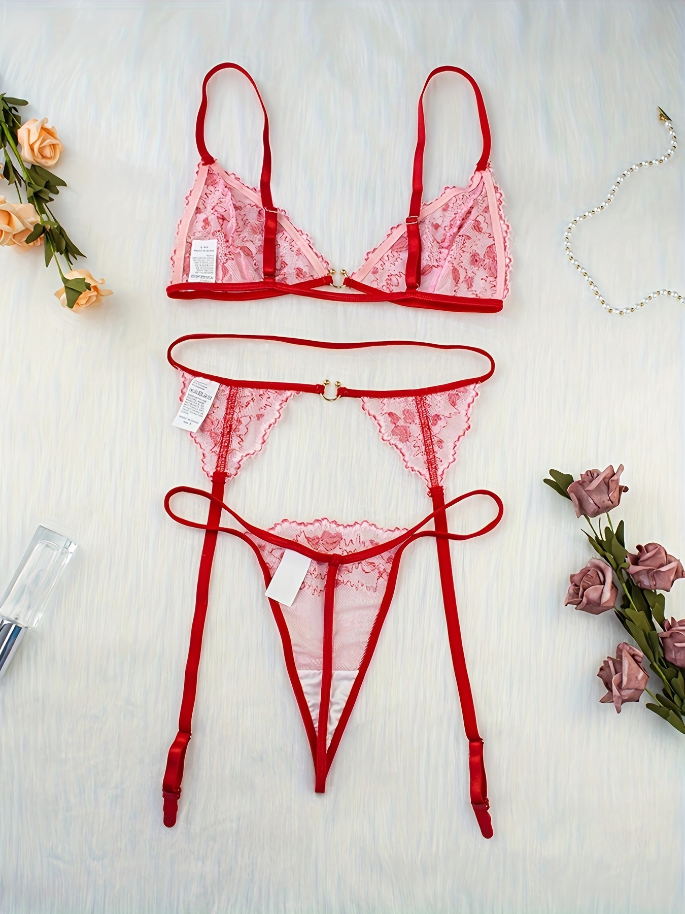 Valentine's Day Heart Embroidery Lingerie Set, Ring Linked Intimates Bra &  Garter Belt & Thong, Women's Sexy Lingerie & Underwear
