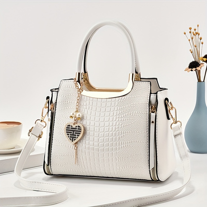 

Glossy Crocodile Pattern Handbag, Women's Top Handle Satchel Purse, Fashion Crossbody Bag With Tassel Pendant