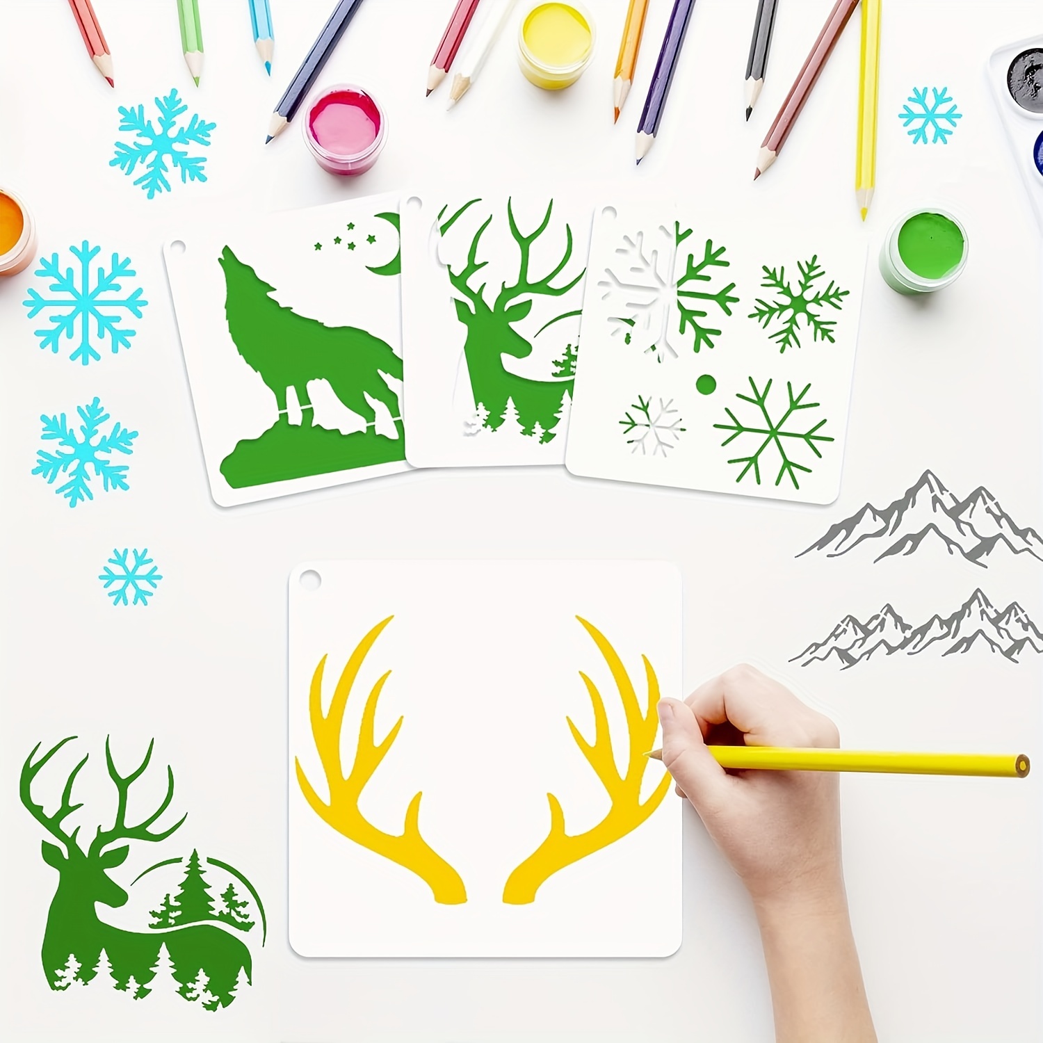 11 Pcs Deer Stencils Forest Mountain Tree Deer Head Stencils for Wood  Burning Stencil Template Stencils for Painting on Wood Crafts Home Decors  (Wolf)