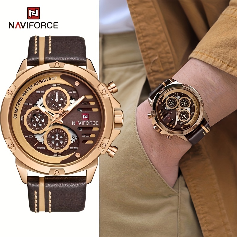 

Naviforce Men's Multifunctional Quartz Watch Retro Steampunk Fashion Analog 30m Wr Genuine Leather Wrist Watch