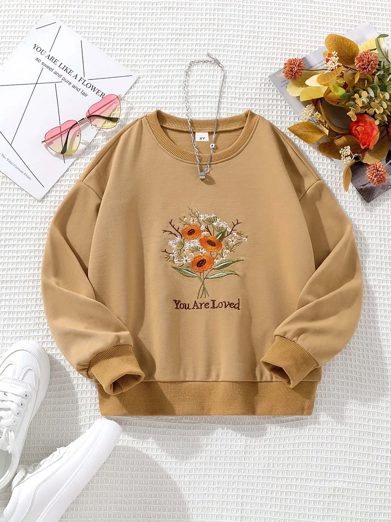 Girls Casual Flower Embroidered Crew Neck Sweatshirt For Spring/fall - Temu