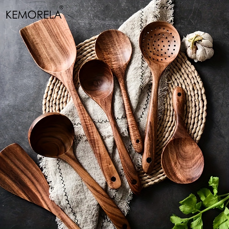 Cucharas de madera para cocinar, juego de 10 utensilios de madera para  utensilios de cocina antiadherentes, utensilios de teca natural para  cocinar