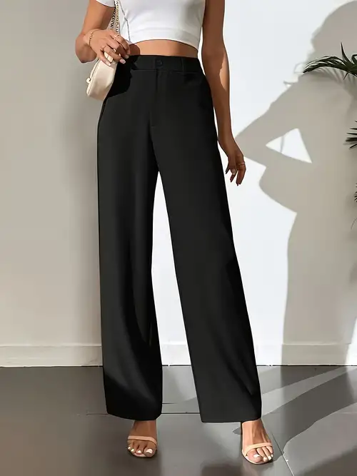 Solid High Waist Elastic Long Length Pants, Slim Stylish Elegant Wide Leg  Pants, Women's Clothing