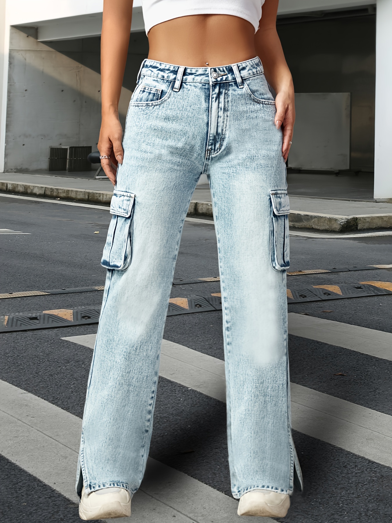 Flap Pockets Washed Straight Jeans, Loose Fit High Waist Y2K Style Cargo  Pants, Women's Denim Jeans & Clothing