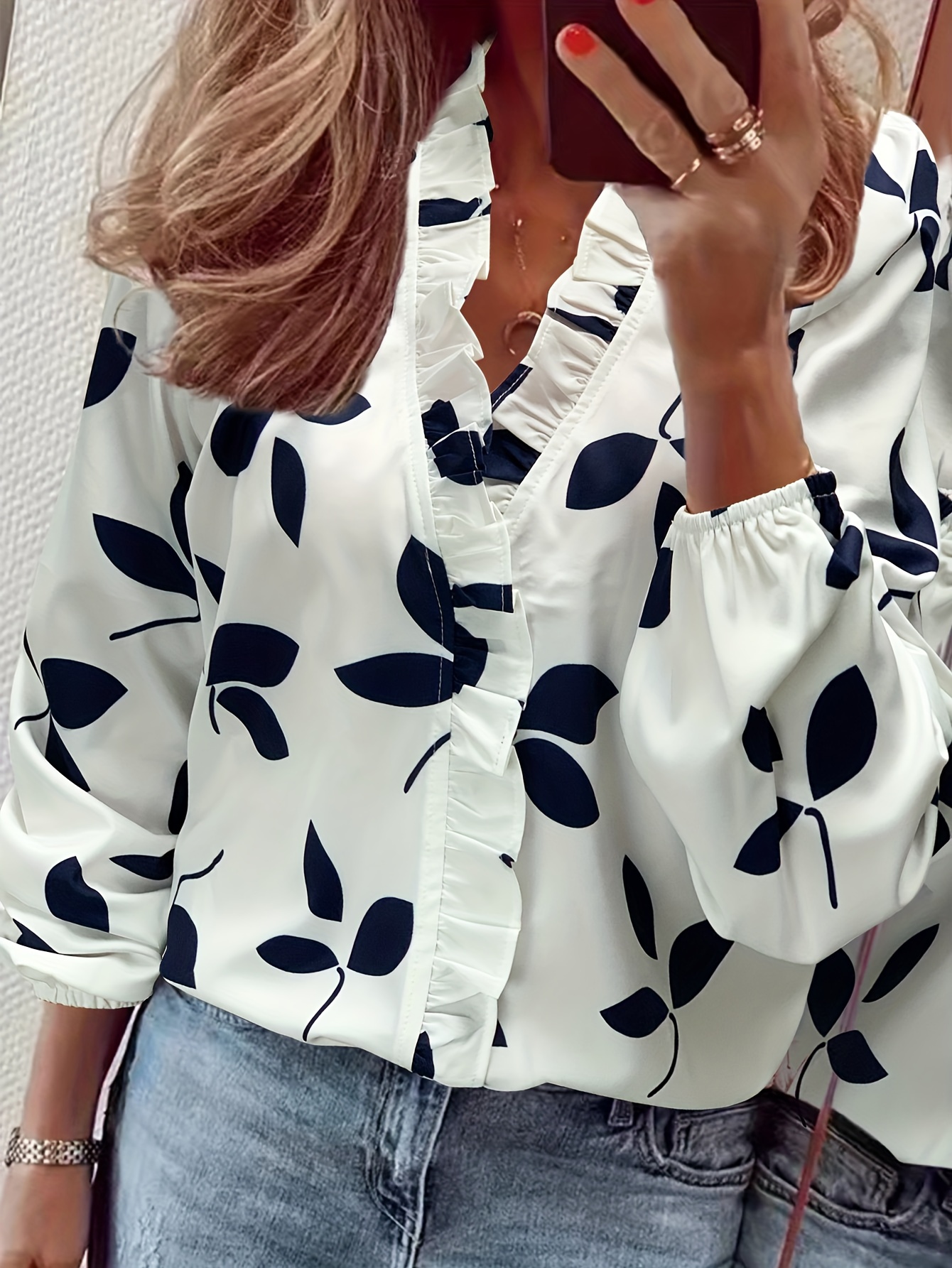 Leaf Print V neck Long Sleeve Placket Sweatshirts Stylish - Temu