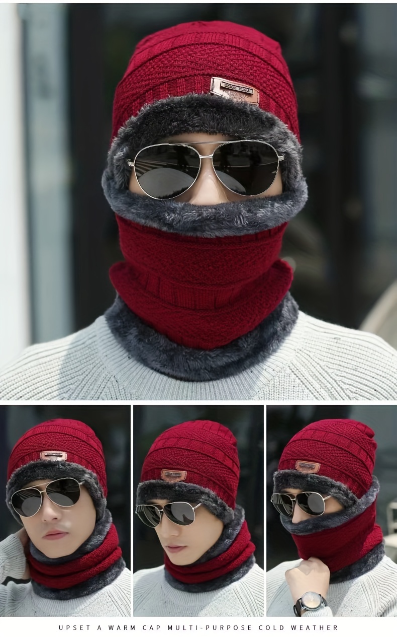 1pc Men's Winter Outdoor Pullover Plaid Warm Knitted Hat, Plush Thickened Scarf details 3