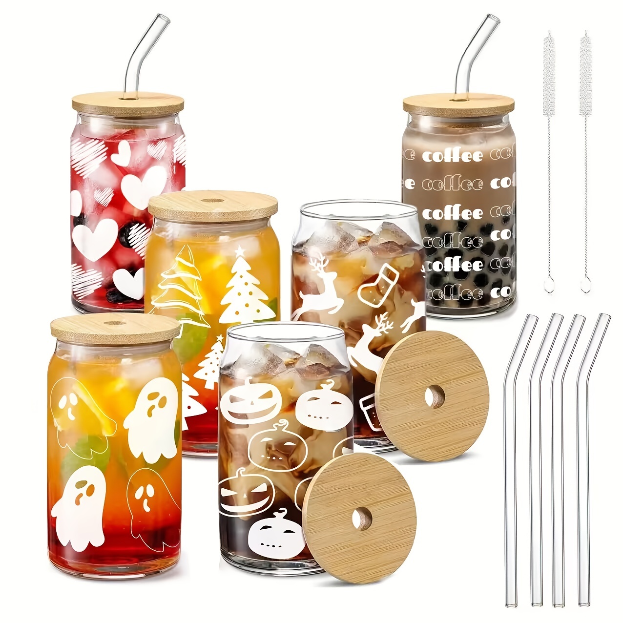 2/4/6/8/12 Set Glass Cups With Bamboo Lids And Straws 16 Oz Reusable Iced  Coffee Cup Can Drinking Glasses For Smoothie Whiskey Boba Soda Tea Gift