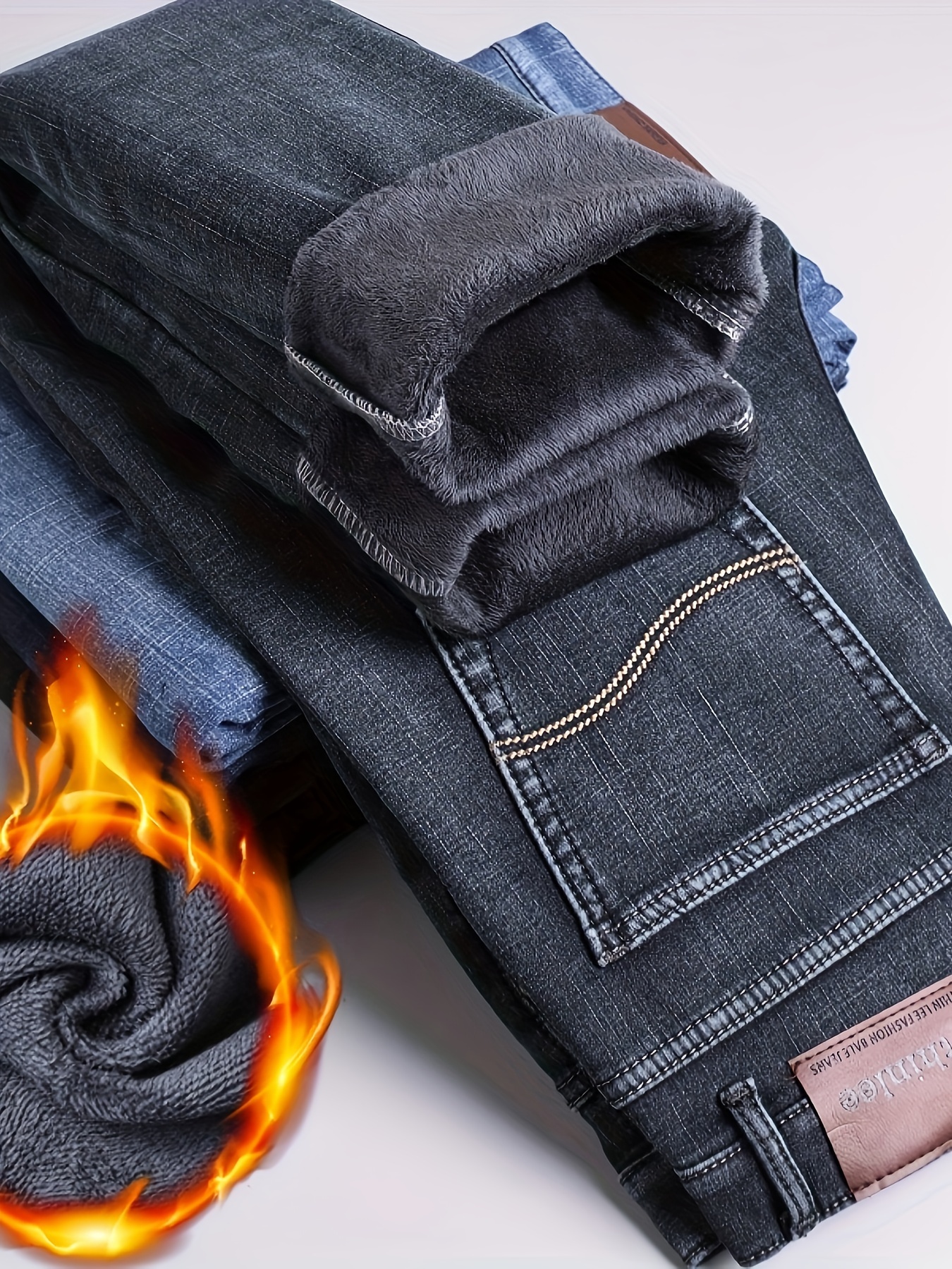 Men's Trendy Plush Lined Jeans Men's Denim Pants Streetwear Classic Jeans  For Winter Fall